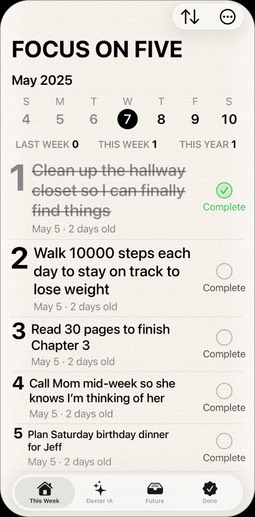 Focus on Five — one priority completed mid-week