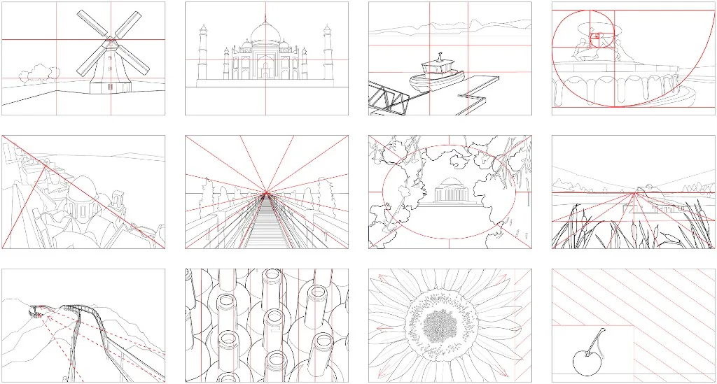 Composition Rules - Dynamic Symmetry, Rule of Thirds, Phi Grid, Symmetry, Fibonacci Spiral, Golden Triangles, Vanishing Point, Framing Depth, Landscape Depth, Leading Lines, Lines and Patterns, Fill the Frame, Negative Space