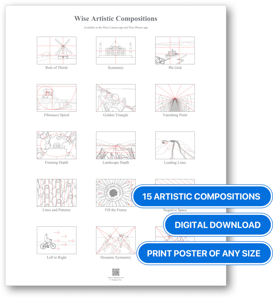 Wise Artistic Compositions Poster showing 15 composition techniques