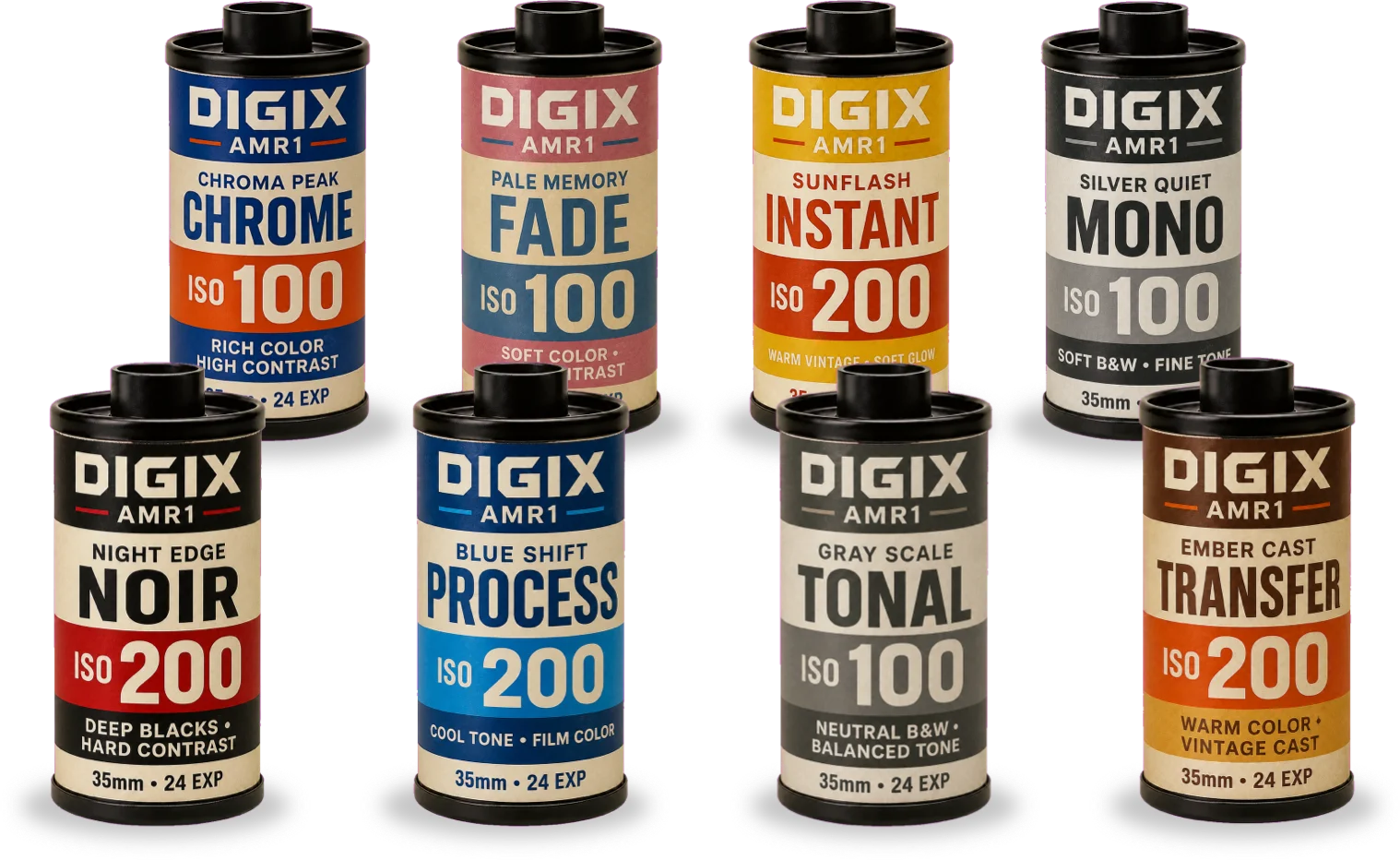 Eight DIGIX AMR1 film simulation canisters — Chrome, Fade, Instant, Mono, Noir, Process, Tonal, and Transfer