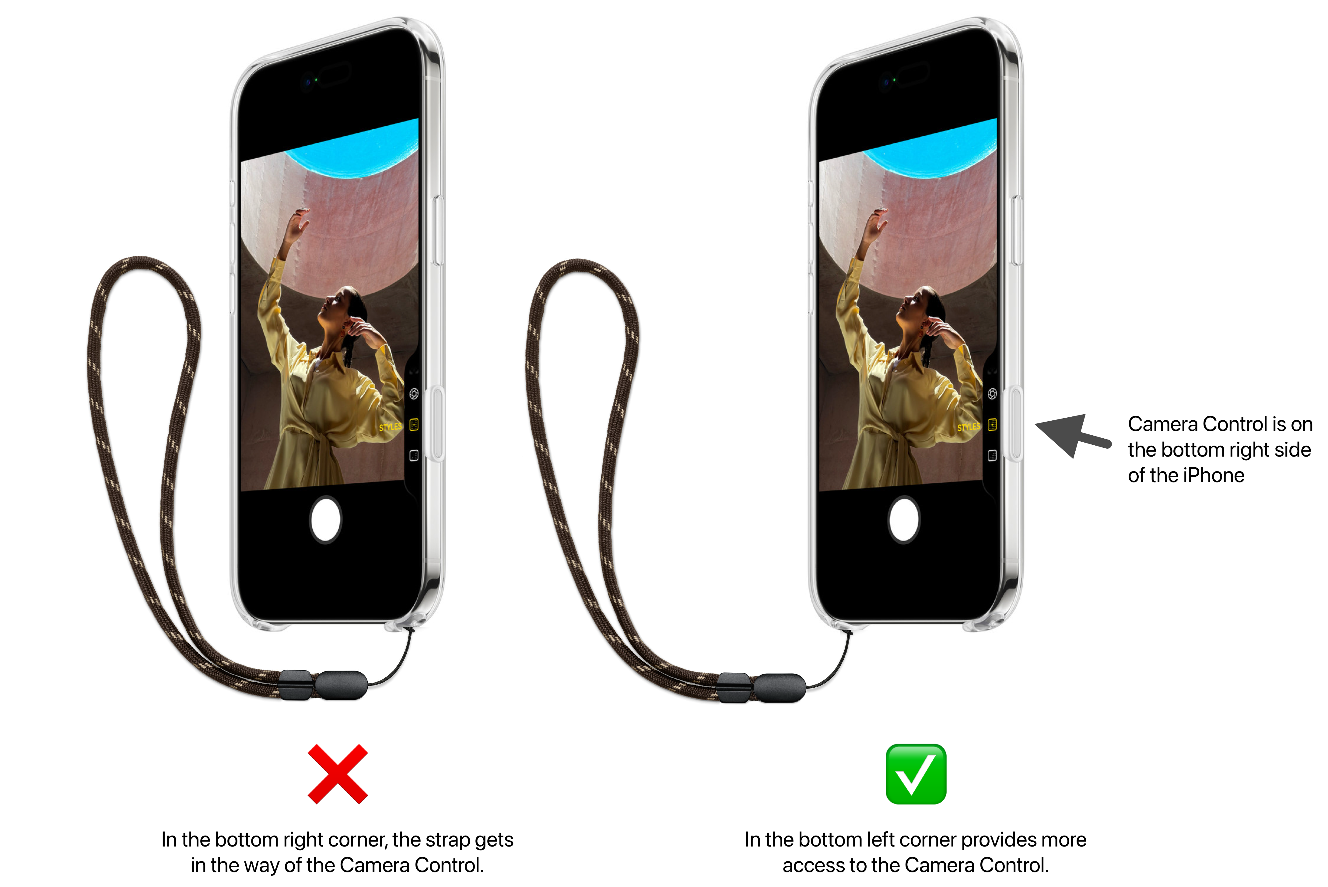 Put the wrist strap on the bottom left corner of the iPhone, so it does not get in the way of the iPhone Camera Control