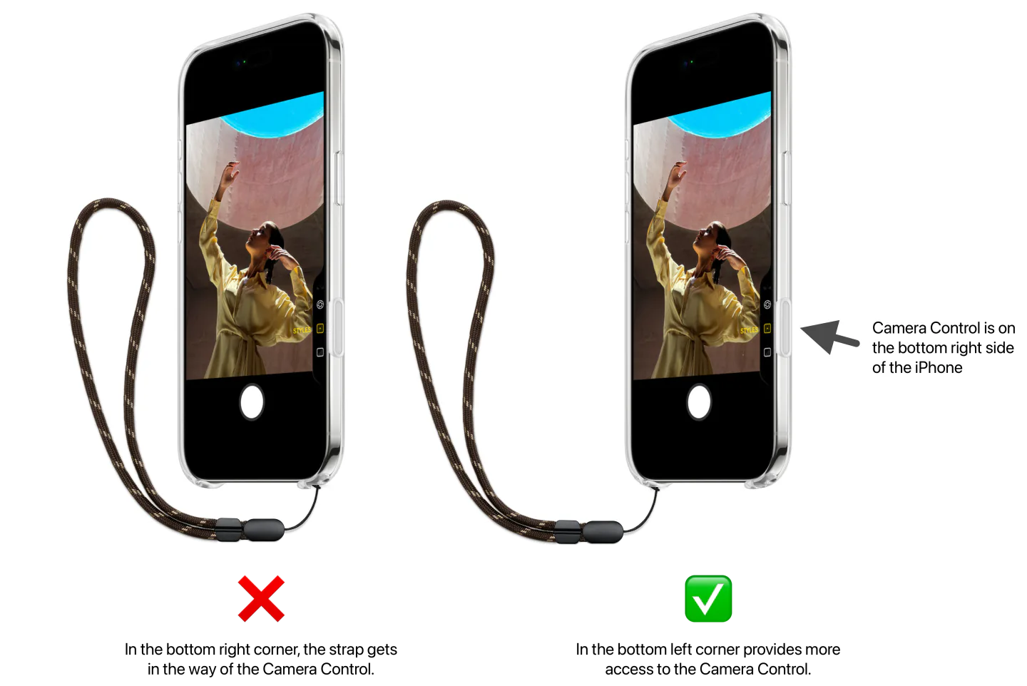 Put the wrist strap on the bottom left corner of the iPhone, so it does not get in the way of the iPhone Camera Control