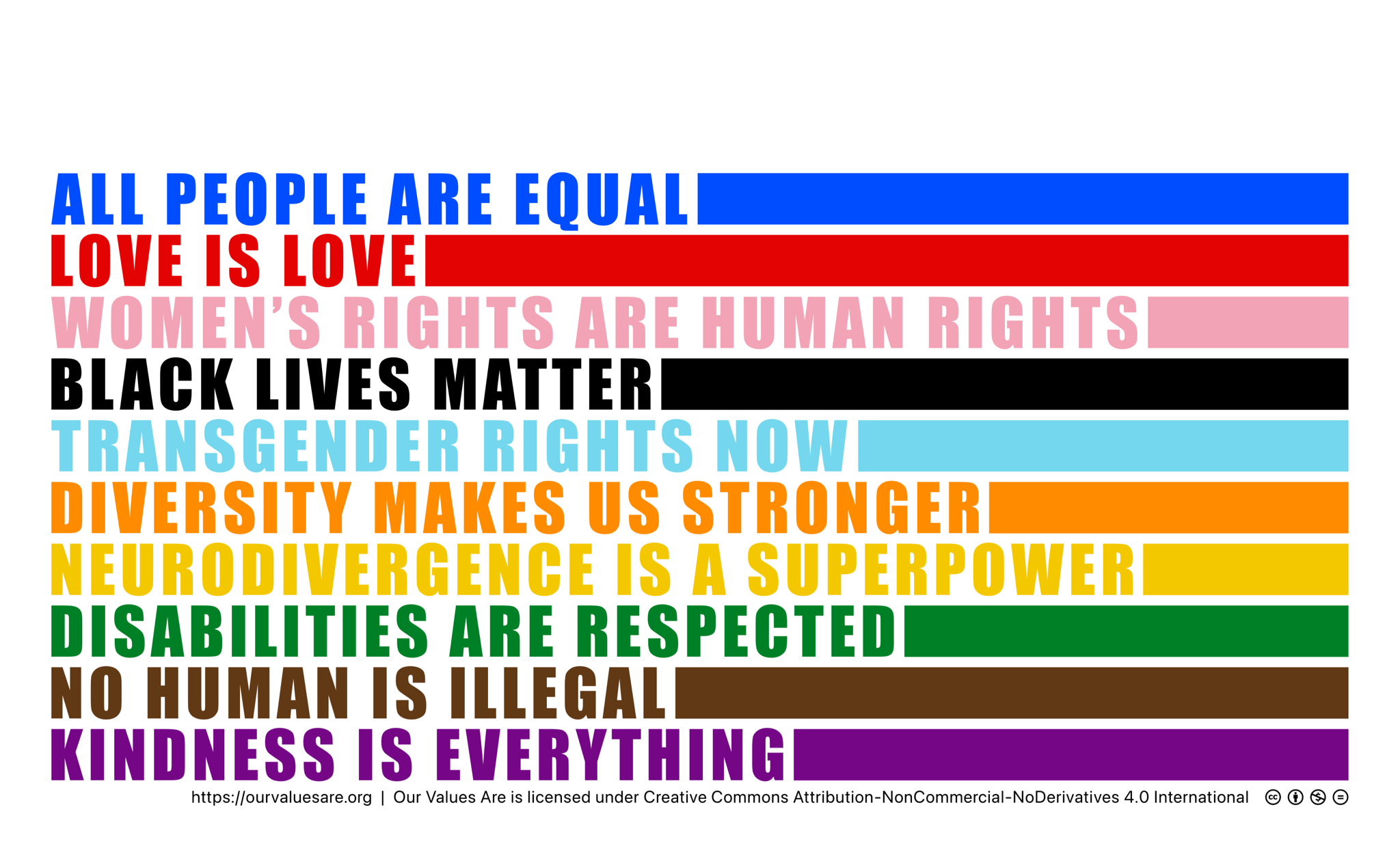 Our values: All people are equal, Love is love, Women's rights are human rights, Black lives matter