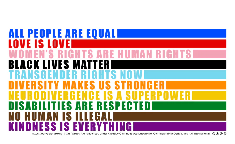 Our values: All people are equal, Love is love, Women's rights are human rights, Black lives matter