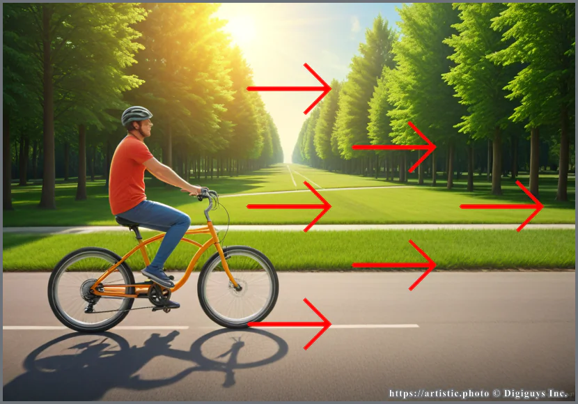 Left to Right composition — cyclist moving across tree-lined path