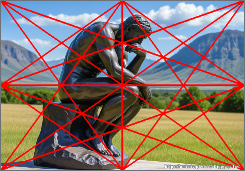 Harmonic Armature — The Thinker statue with armature overlay