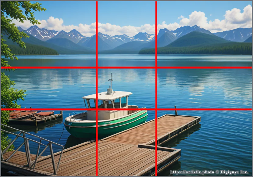 Phi Grid composition — boat on lake aligned to golden ratio grid