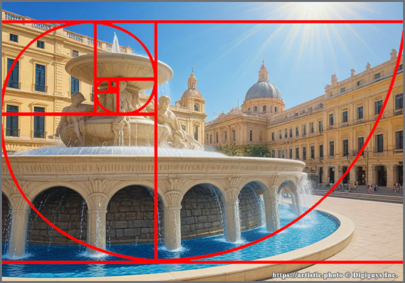 Fibonacci Spiral composition — fountain plaza following golden spiral