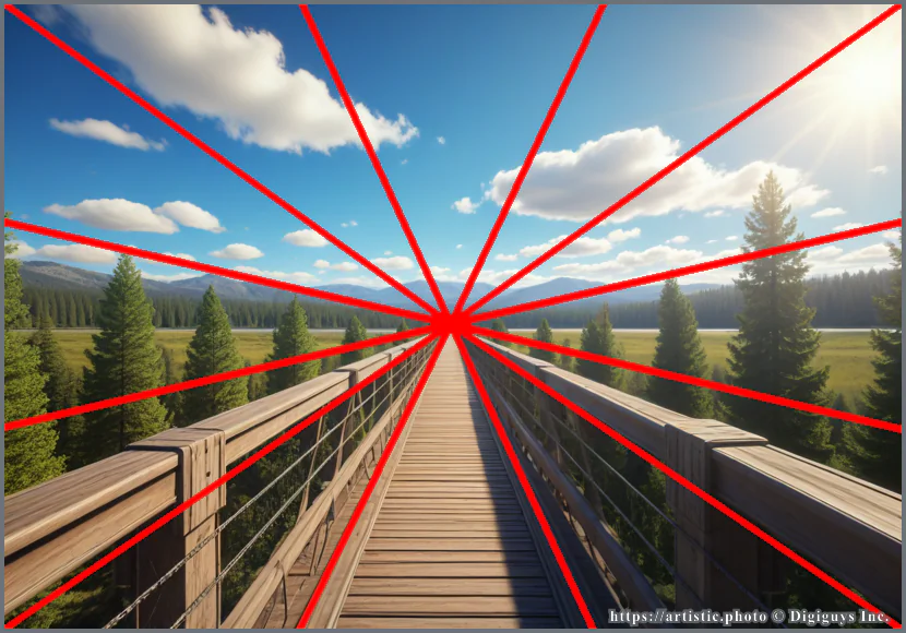Vanishing Point composition — bridge converging to a single point