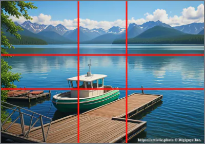 Phi Grid — boat on lake aligned to golden ratio grid