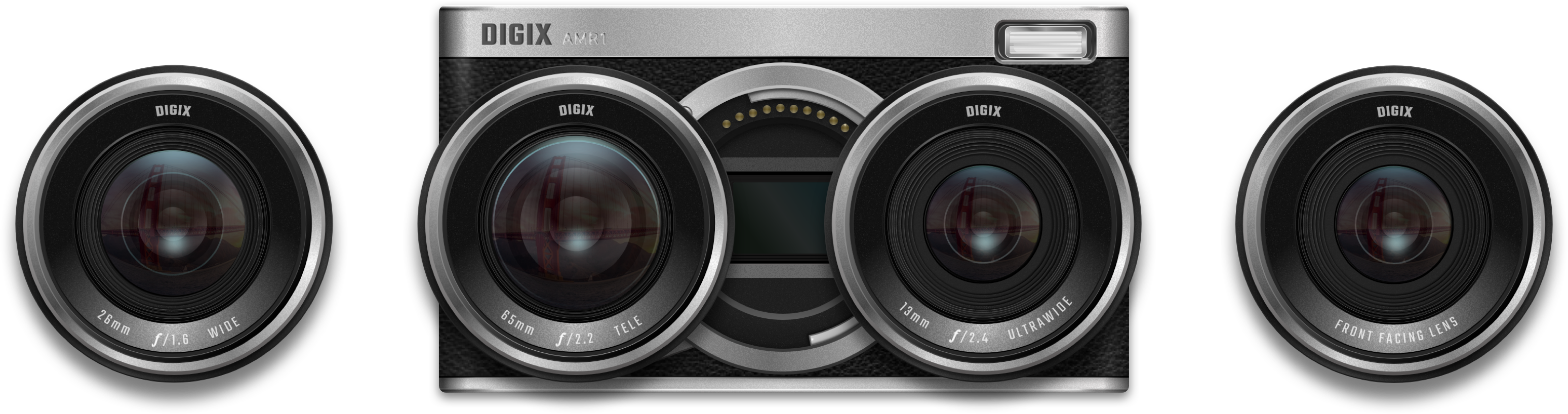 DIGIX AMR1 showing all iPhone lenses — wide, ultra-wide, telephoto