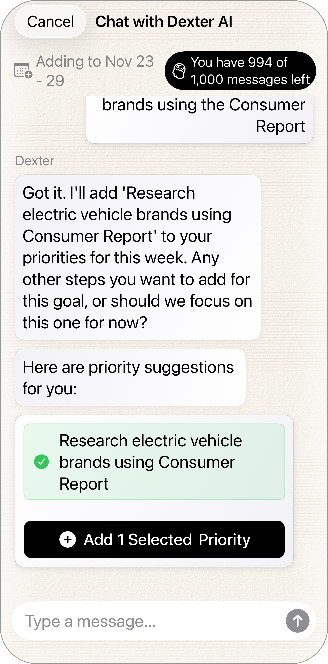 Focus on Five — Dexter AI chat adding a priority