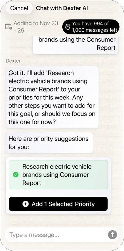 Focus on Five — Dexter AI chat adding a priority