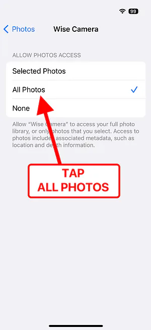 Wise Camera — Add Photos Only checked