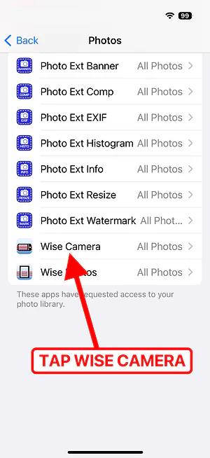 Wise Camera — select permission level