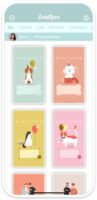 ZendLove greeting card categories — Thanks, Love, Birthday